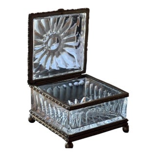 Late 20th Century Magnificent Heavy Footed Cut Crystal/Glass Square Jewelry Box With Brass/Bronze Mount 7.25"x 7.25"x5" For Sale