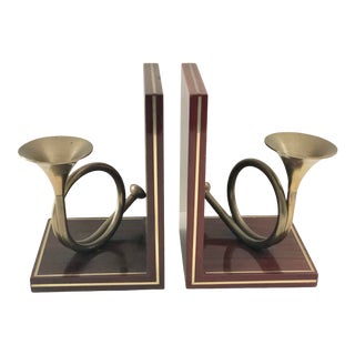 Woodtone Bookends With Brass French Horns, a Pair For Sale
