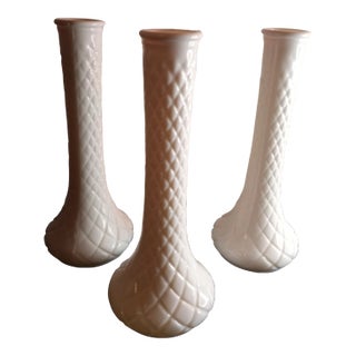 Vintage Hoosier Milk Glass Quilted Diamond Pattern Decorative Vases- Set of 3 For Sale