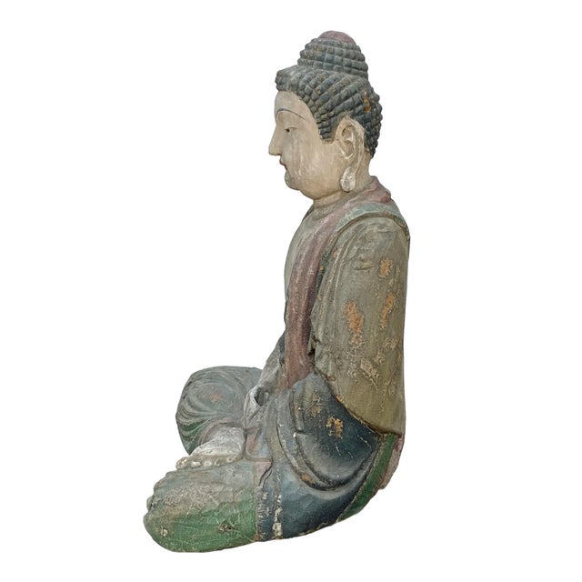Large Chinese Rustic Wood Sitting Meditation Shakyamuni Buddha Statue For Sale - Image 4 of 7
