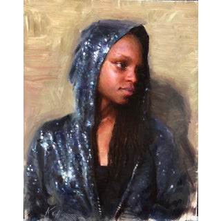 Shine On by Karen Offutt | Oil on board Portrait of a woman in a sequined hoodie. For Sale