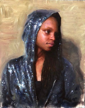 Shine On by Karen Offutt | Oil on board Portrait of a woman in a sequined hoodie.