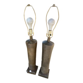 Vintage/Retro Brass Bronze-Tone Ceramic Stoneware Cylindrical Table Lamps - a Pair For Sale