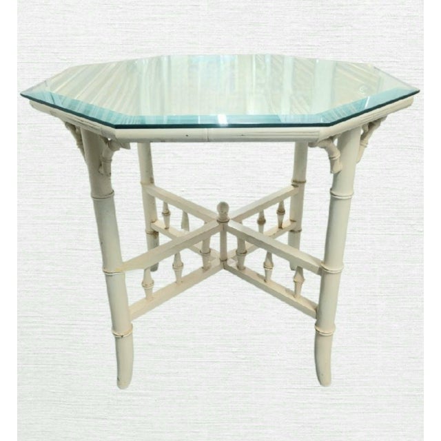 1970s Vintage Off White Fretwork Faux Bamboo Octagonal Oversized Glass Top Side Tables- A Pair For Sale - Image 5 of 11