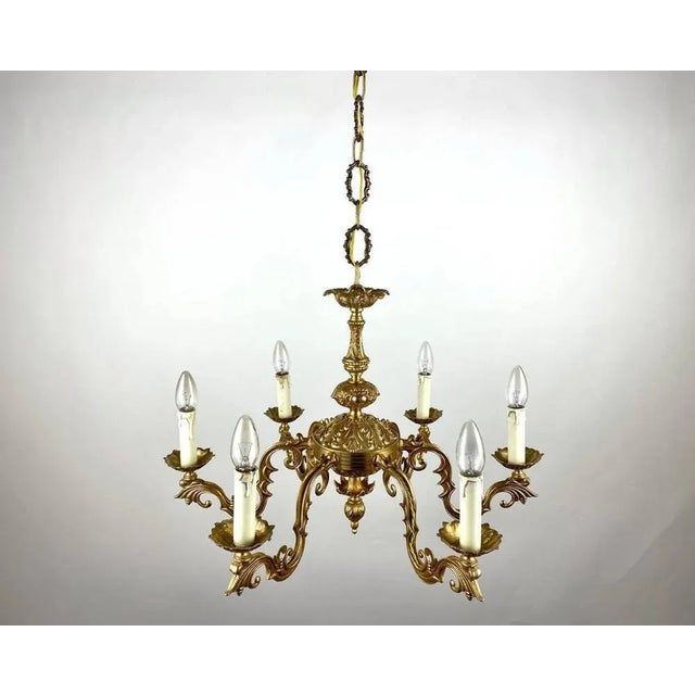 Vintage French Gilt Brass 6-Arm Chandelier, 1960s For Sale - Image 4 of 11