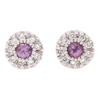 0.35ctw Pink Sapphire & Diamond Stud Earrings, 14k White Gold, Dainty Earrings, Pair For Sale