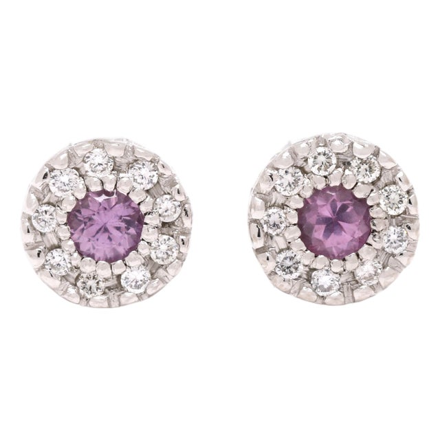 0.35ctw Pink Sapphire & Diamond Stud Earrings, 14k White Gold, Dainty Earrings, Pair For Sale