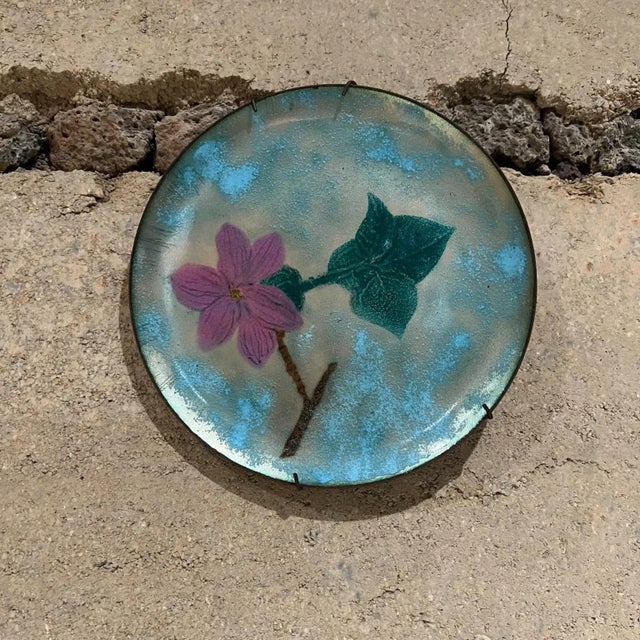 1960s Modernist Flower Powder Blue and Pink Copper Enamel Plate For Sale - Image 9 of 9