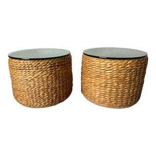Pair of Vintage Ralph Lauren for Henredon Organic Seagrass & Glass Round Table For Sale
