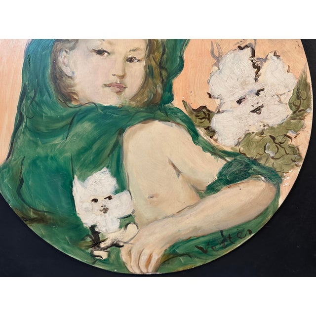 Portraiture Vintage Tondo Original Expressionist Portrait Painting of a Woman by Marcel Vertès For Sale - Image 3 of 6