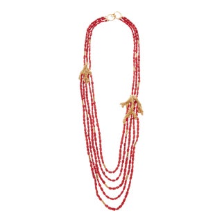 Ben Amun Red Beaded Multi Layer Necklace with Gold Coral For Sale