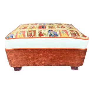 Ottoman Reupholstered With Alexander Henry Loteria Fabric, Leather and Velour - Early 20th Century For Sale