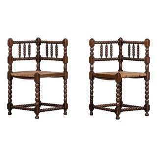 English Beech Bobbin Corner Chairs, 1880, Set of 2 For Sale