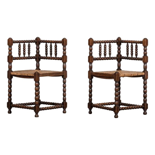 English Beech Bobbin Corner Chairs, 1880, Set of 2 For Sale