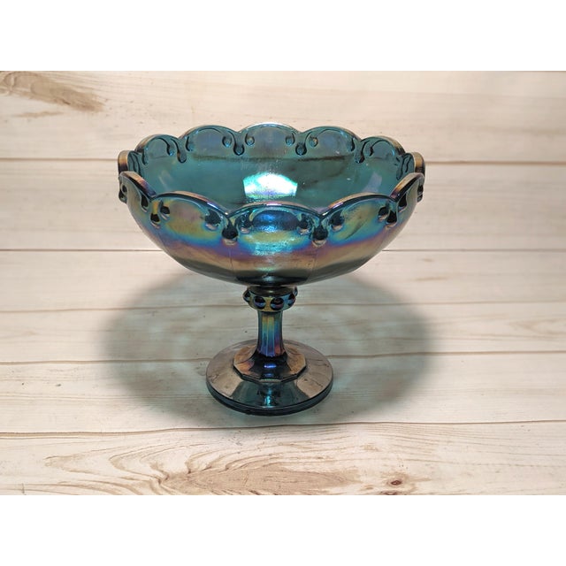 Vintage Indiana Iridescent Blue Carnival Glass Peacock Pedestal Large Bowl Compote Teardrop Garland Pattern with Scalloped Edges Vintage Indiana Iridescent Blue Carnival Glass Peacock Pedestal Large Bowl Compote Teardrop Garland Pattern with Scalloped Edges