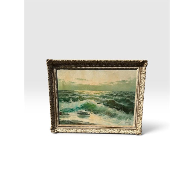 1950s Italian Original Oil Seascape Signed A. Reyes, Macy’s / Reliable Newark, Ornate Gilt Frame For Sale - Image 4 of 11
