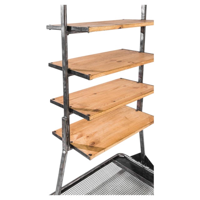 Metal 1960s Czech Industrial Wrought Iron and Wood Étagère For Sale - Image 7 of 8