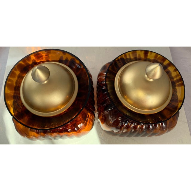 Vintage Fluted Amber Tortoise Pattern Glass and Pewter Lid Canister