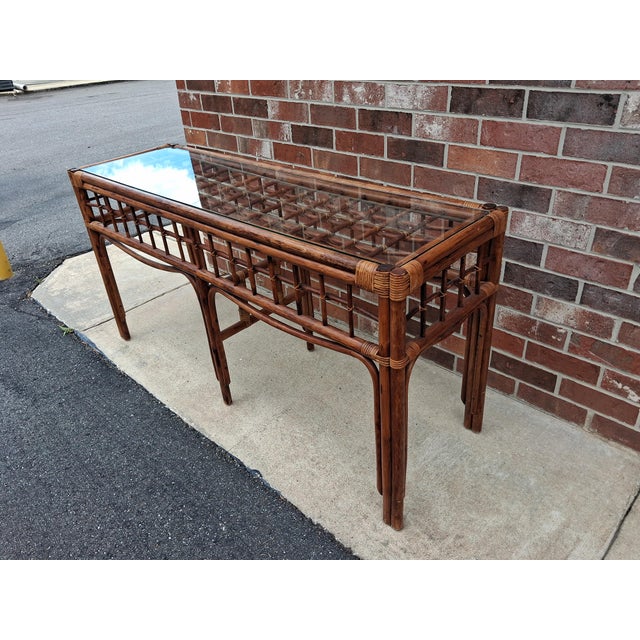 Mid 20th Century Large Mid Century Boho Chic Rattan Console Table With Glass Top. For Sale - Image 5 of 10