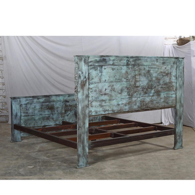 Complete King Size Bed Constructed From an Antique Painted Teakwood Rajasthani Door and Pillars For Sale - Image 9 of 9