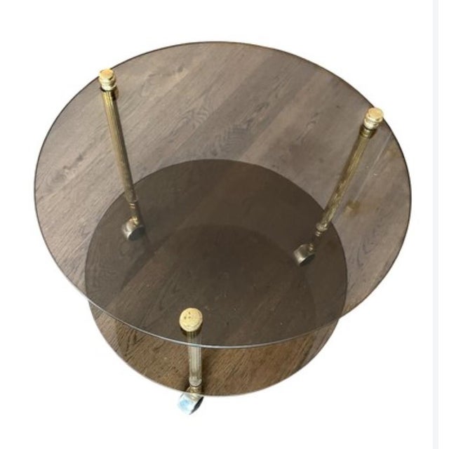 Coffee Table in Brass and Smoked Glass on Casters For Sale - Image 3 of 6