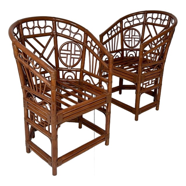 Vintage Brighton Chinese Chippendale Rattan Chairs- Pair For Sale
