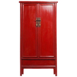 Tapered Red Lacquered Armoire With Noodle Top From 19th Century, China For Sale