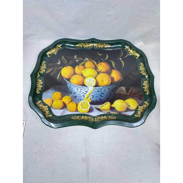 Large Vintage 1993 Ian Logan of London Lemon Bowl Tole Painted Metal Serving Tray For Sale - Image 4 of 7