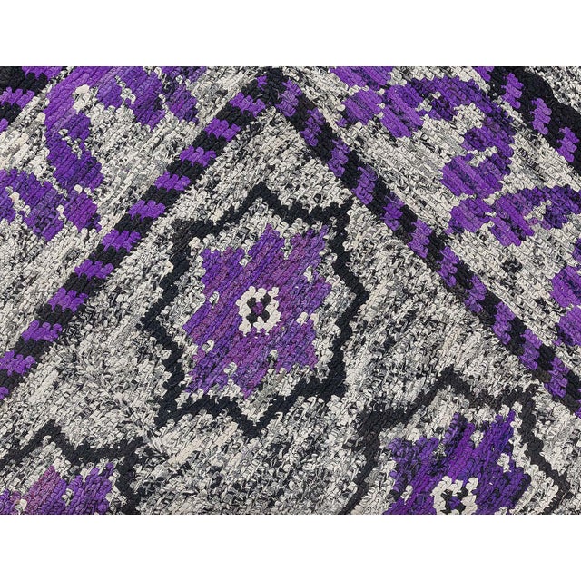 Vibrant Vintage American Hooked Rug in Purple and Grey Size: 8'7" × 14'5" (261 × 439 cm) Bold, expressive, and...