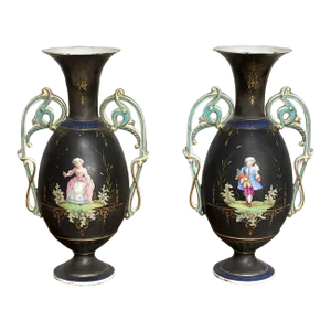 Pair of Antique Black Gilded Basalt Neoclassical Vases