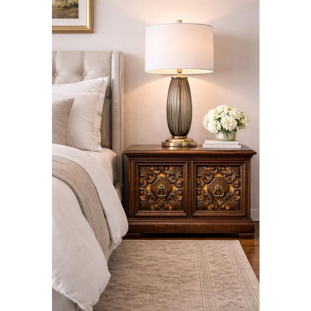 Mid 20th Century Pair of Spanish Revival Carved Walnut Nightstands With Velvet Backed Doors and Brass Ring Pulls For Sale In Los Angeles - Image 6 of 9
