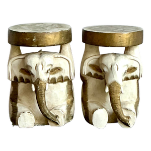 Vintage Boho Carved Wooden Elephant Low Stool - A Pair