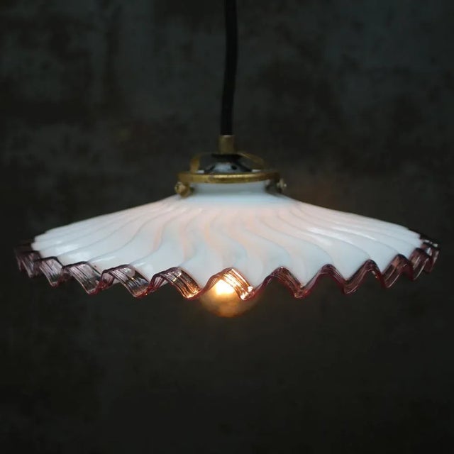 1950s French Brass Pendant Light with Purple Edge Opaline Glass Shade For Sale - Image 5 of 6
