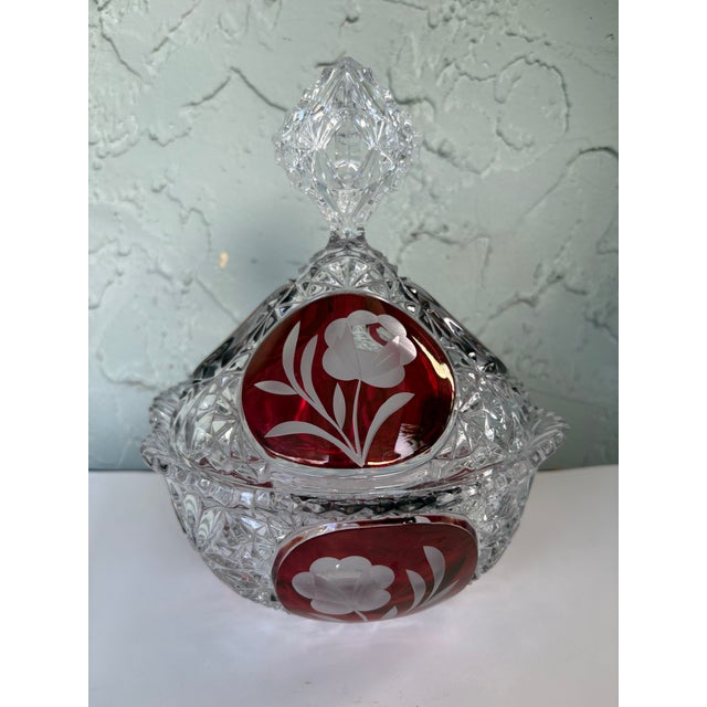 Vintage German Hofbauer Ruby Flashed & Etched Lead Crystal Covered Candy Dish With Rose Motif For Sale - Image 4 of 11