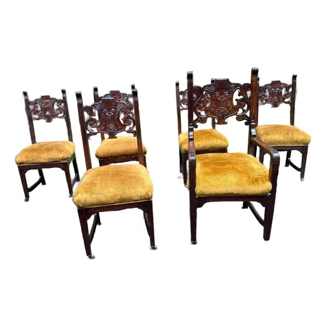 Antique Renaissance Revival Lion Northwind Carved Dining Chairs - Set of 6 For Sale