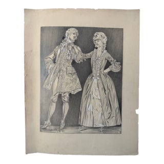 1940s Original Signed Graphite Illustration of 18th Century Couple in Period Dress, 11 × 14 In. For Sale