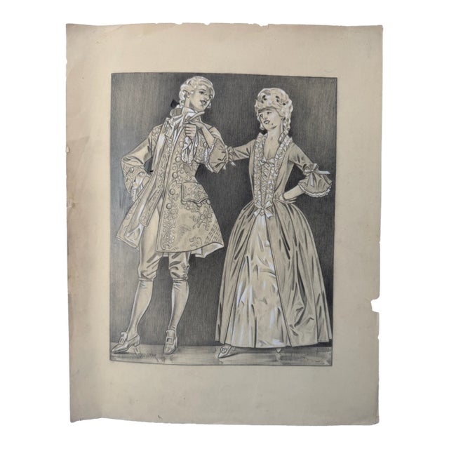 1940s Original Signed Graphite Illustration of 18th Century Couple in Period Dress, 11 × 14 In. For Sale