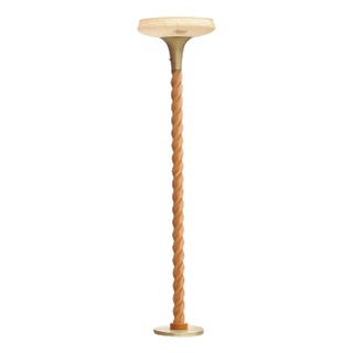 1950 Carved Oak Floor Spiral Torchiere Floor Lamp Attributed to Russel Wright With Shade For Sale