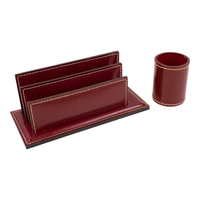 Art Deco Hand-Stitched Red Leather Desk Office Set Letter and Pen Holders For Sale