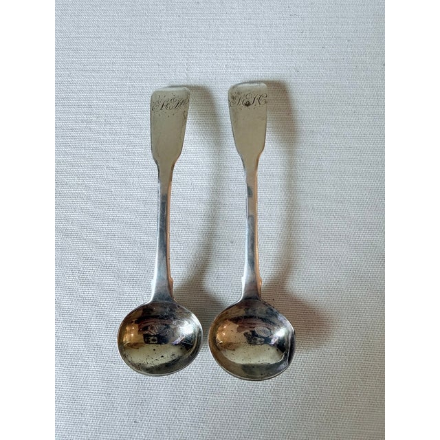 English Vintage Sterling Silver Salt Spoons, Monogrammed, a Pair For Sale - Image 3 of 8