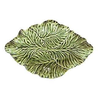 Vintage Portuguese Majolica Ceramic Cabbage Leaf Serving Platter For Sale