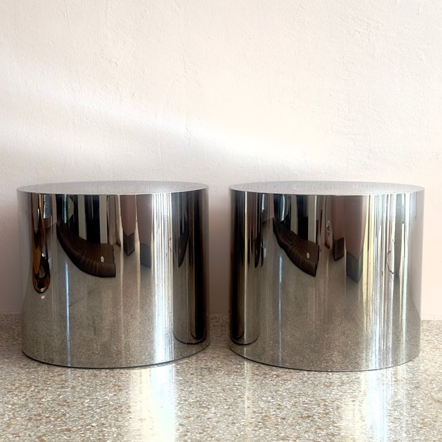 Mid-Century Modern Mid-Century Modern Polished Chrome Cylinder Drum Tables (Pair) For Sale - Image 3 of 10