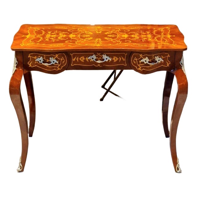 Elegant French Writing Desk – Ornate Brown Wood With Gold Leaf Details For Sale