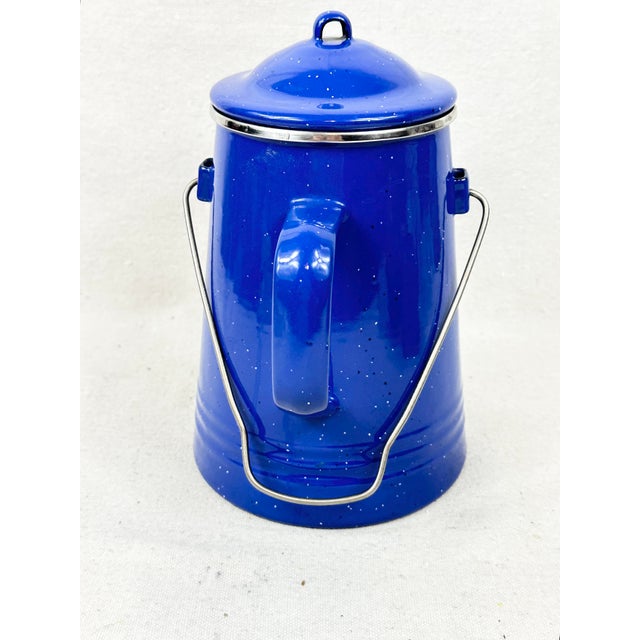 Vintage Blue Speckled Enamelware Coffee Percolator Pot With Bail Handle For Sale - Image 9 of 10