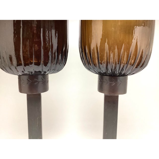 Modern Late 20th Century Fabulous Pair of Jan Barboglio 29” Tall Iron and Amber Glass Hurricanes For Sale - Image 3 of 12