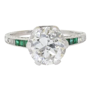 Art Deco 2.5 Carat Old Euro Cut Diamond & Emerald Engagement Ring in Platinum, Size 5.75