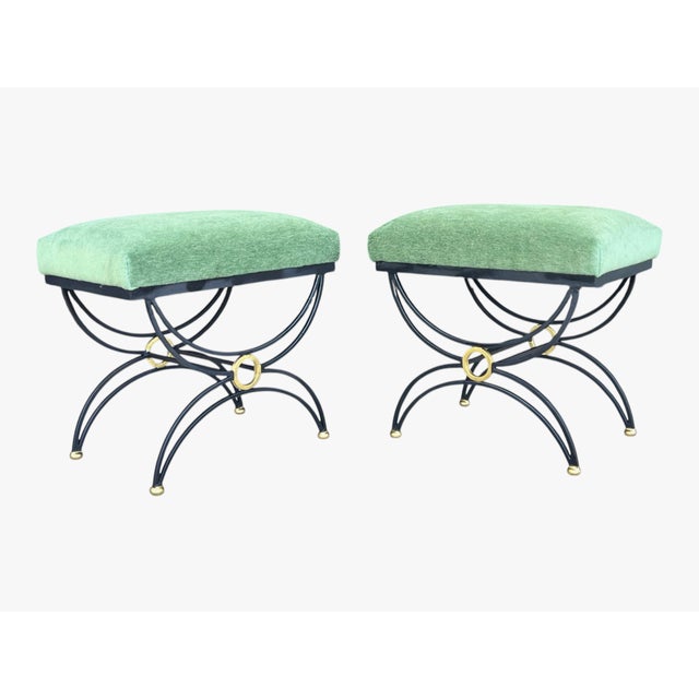 1980s Hand-Forged Sculptural Wrought Iron Accent Benches in Dark Green Mohair- A Pair For Sale - Image 10 of 13