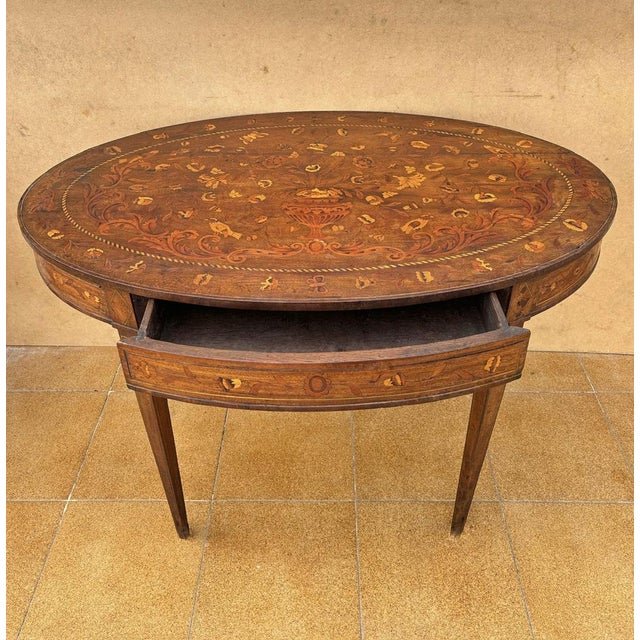Vintage Oval Marquetry Side Table with Drawer, 1920 For Sale - Image 12 of 13