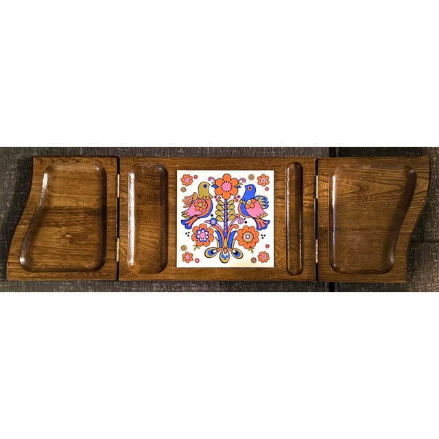 Mid-Century Modern 1970s Japanese MCM Tri-Fold Walnut & Ceramic Folk Art Charcuterie Board For Sale - Image 3 of 9