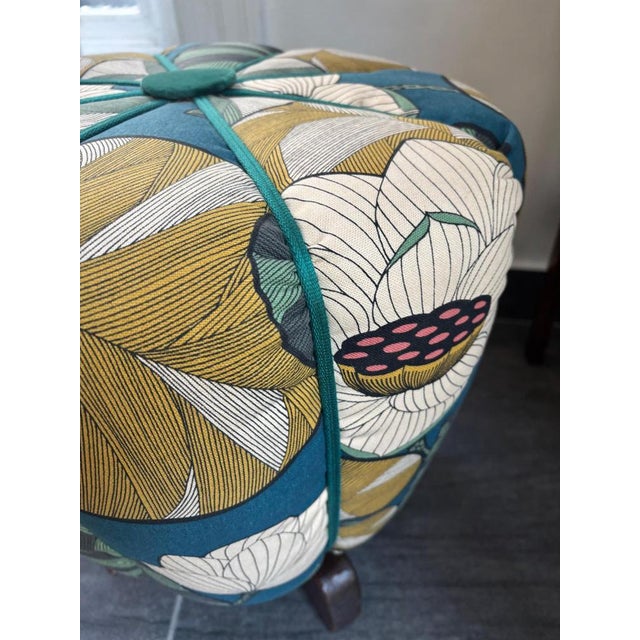Art Deco pouf / stool Restored condition, wallpapered with new fabric and newly upholstered